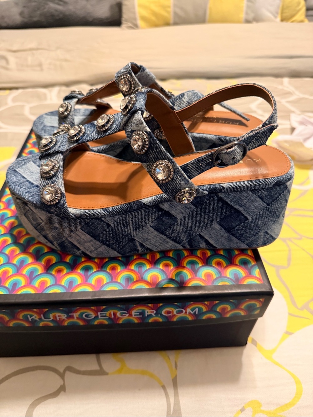 Kurt Geiger Denim Blue Jeweled Platform Sandals - Picture 3 of 7
